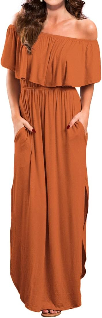 VERABENDI Women's Off Shoulder Summer Casual Long Ruffle Beach Maxi Dress with Pockets | Amazon (US)