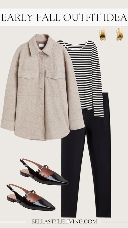 Early fall outfit | beige shacket | black leggings | stripped shirt | black slingbacks | Mary janes 

#LTKfindsunder50 #LTKstyletip #LTKSeasonal
