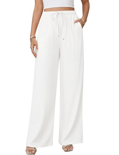 Jyanl White Linen Pants Women Flowy Wide Leg Palazzo Pants Boho High Waist Loose Beach Vacation Summer Trousers Dressy Long Pants Vacation Outifits | Amazon (US)