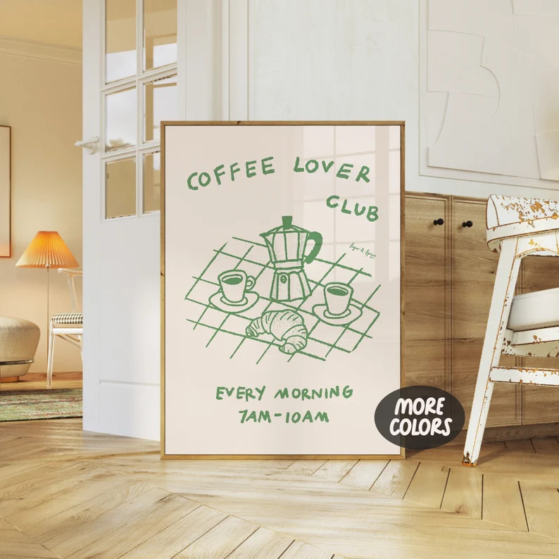 Coffee Lover Club Print, Coffee Lover Gift, Retro Coffee Poster, Croissant Art, Food Sketch Art, ... | Etsy (US)