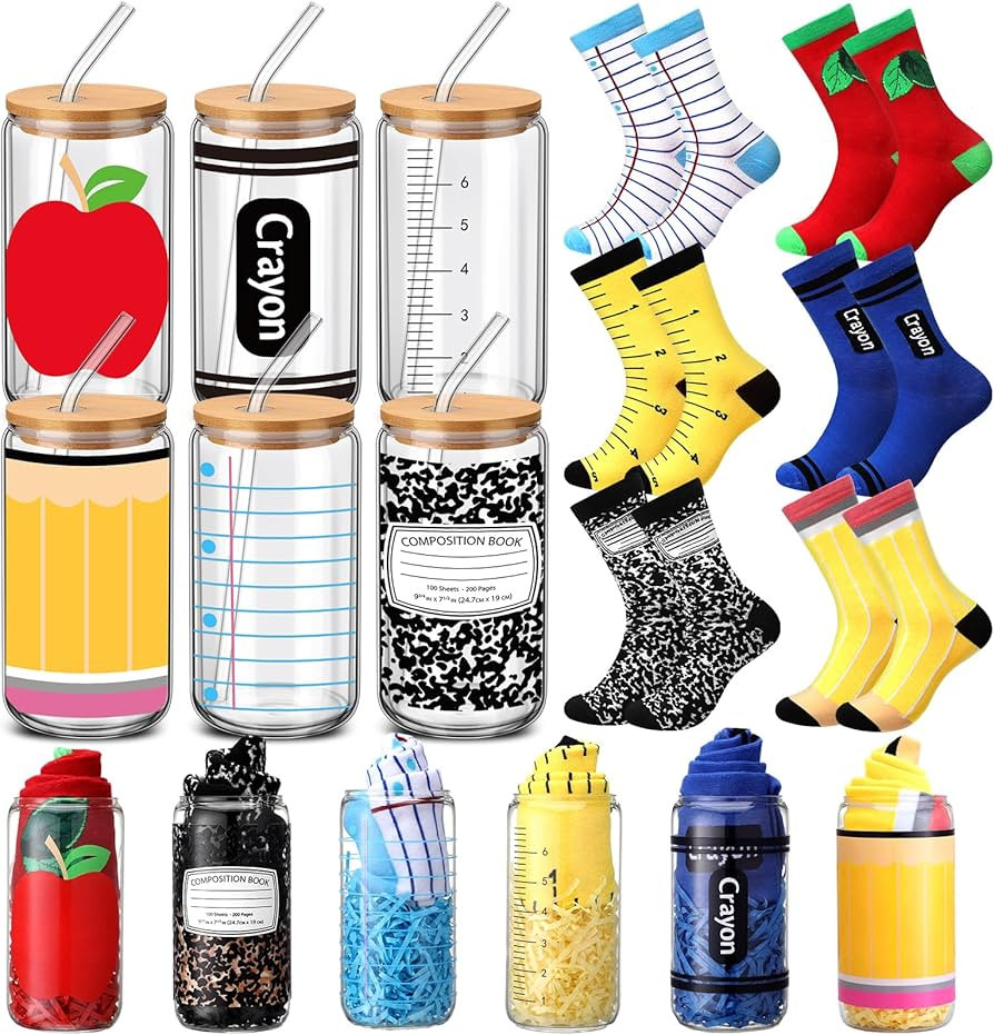 Newcotte 6 Sets Teacher Appreciation Gifts Bulk 16 oz Glass Cups with Lids and Straws Novelty Soc... | Amazon (US)