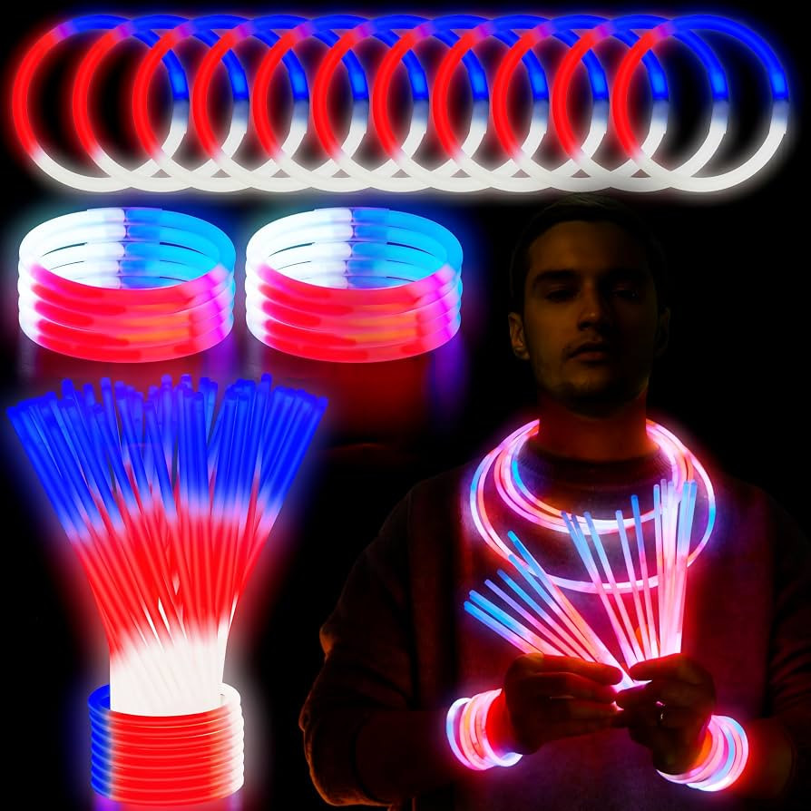JOYIN 72 Pcs July 4th Glow Sticks Bulk with Connectors, Red White Blue 3 Colors In 1 Glow in The ... | Amazon (US)