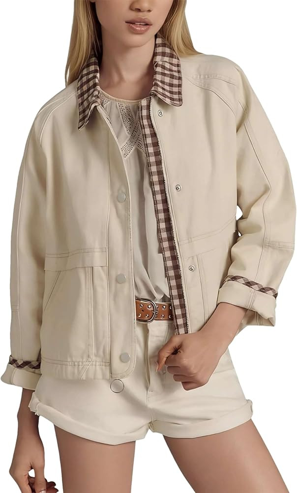 Aimiray Cropped Bomber Jacket Women Zip up Plaid Barn Jacket Casual Gingham Fall Coats with Pocke... | Amazon (US)