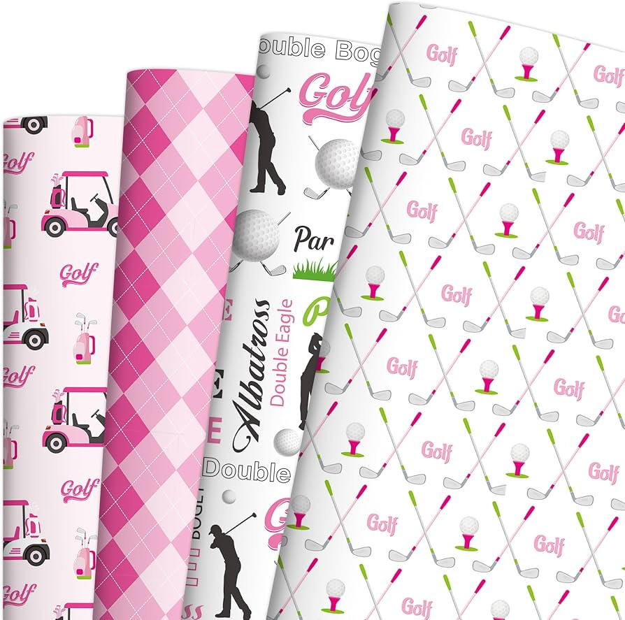 EoBeCy Pink Golf Wrapping Paper for Women Girls, 12 Sheets Folded Gift Wrap with Golf Carts, Club... | Amazon (US)
