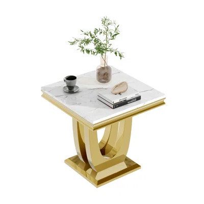 White Marble End Table, Modern Sofa Side Table with Mirrored Stainless Steel Base, Sqaure Faux Marble Accent End Table Bedside Table Nightstand for Li | Wayfair North America