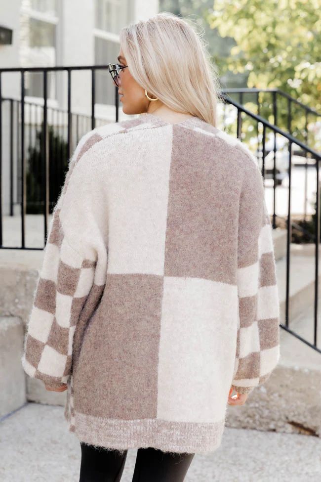 Cozy Days Taupe Multi Checkered Cardigan | Pink Lily