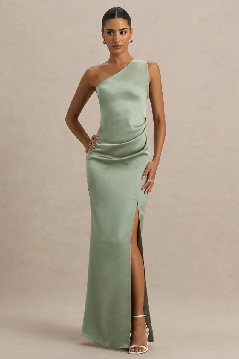 Beth | Sage Asymmetric Neckline High-Split Maxi Dress | Club L London