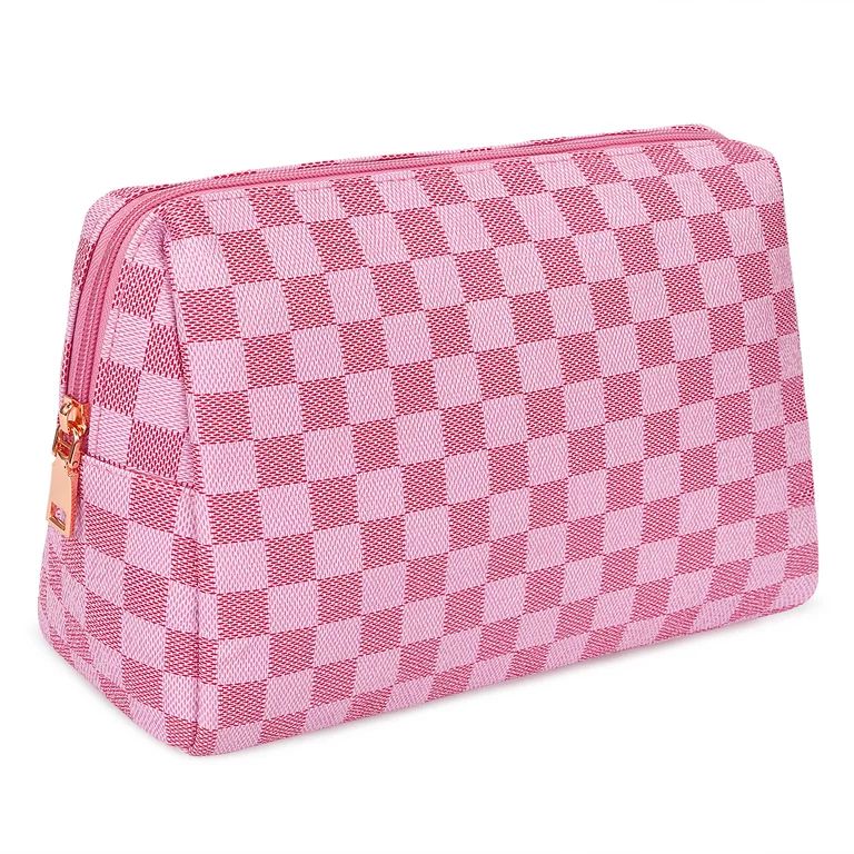 Travel Makeup Bag for Women Pink Checkered Cosmetic Pouch Vegan Leather Large Retro Toiletry Bag | Walmart (US)