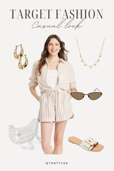 @target fashion casual look // linen collard button down shirt, high rise pull on shorts, cateye sunglasses, half moon crossbody bag, slide sandals

#LTKstyletip #LTKSeasonal