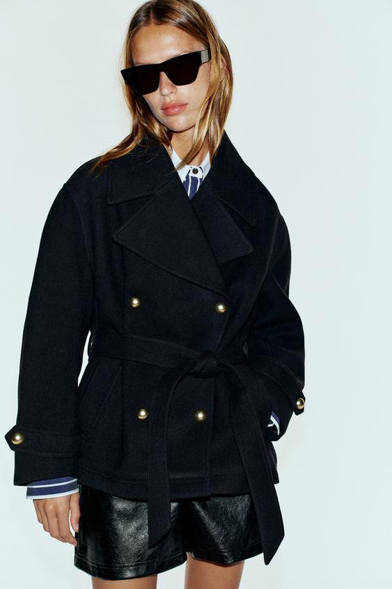 Zara - Double-Breasted Coat With Belt - Black - Xl - Woman | Zara US
