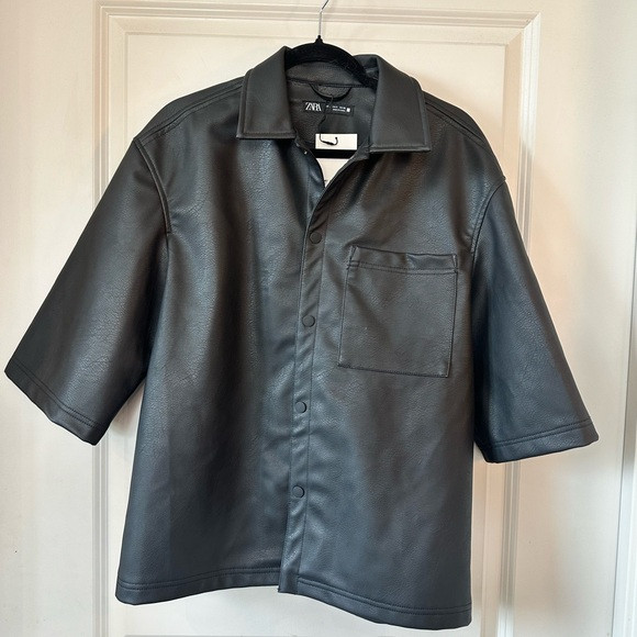 NEW Zara Black Faux Leather Button Up Boxy Oversized Shirt/ Shacket, Size Small | Poshmark