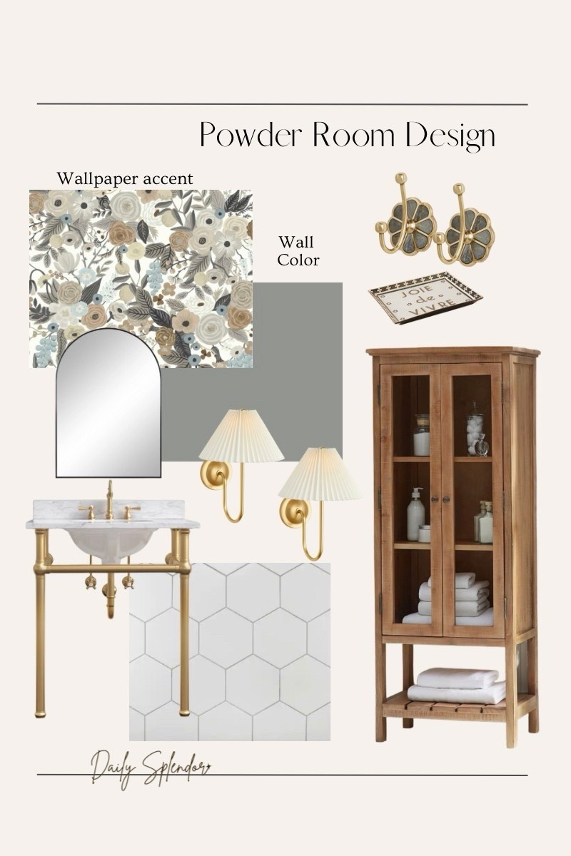 Powder Room Design  with floral wallpaper , brass fixtures, sconce lights
Bathroom design, bathroom decor, floor tiles, wallpaper, wall hooks, wall mounted sink, trinket dish, cozy bathroom, neutral decor, sconces, cottage core, french home


#LTKSaleAlert #LTKHome #LTKspring