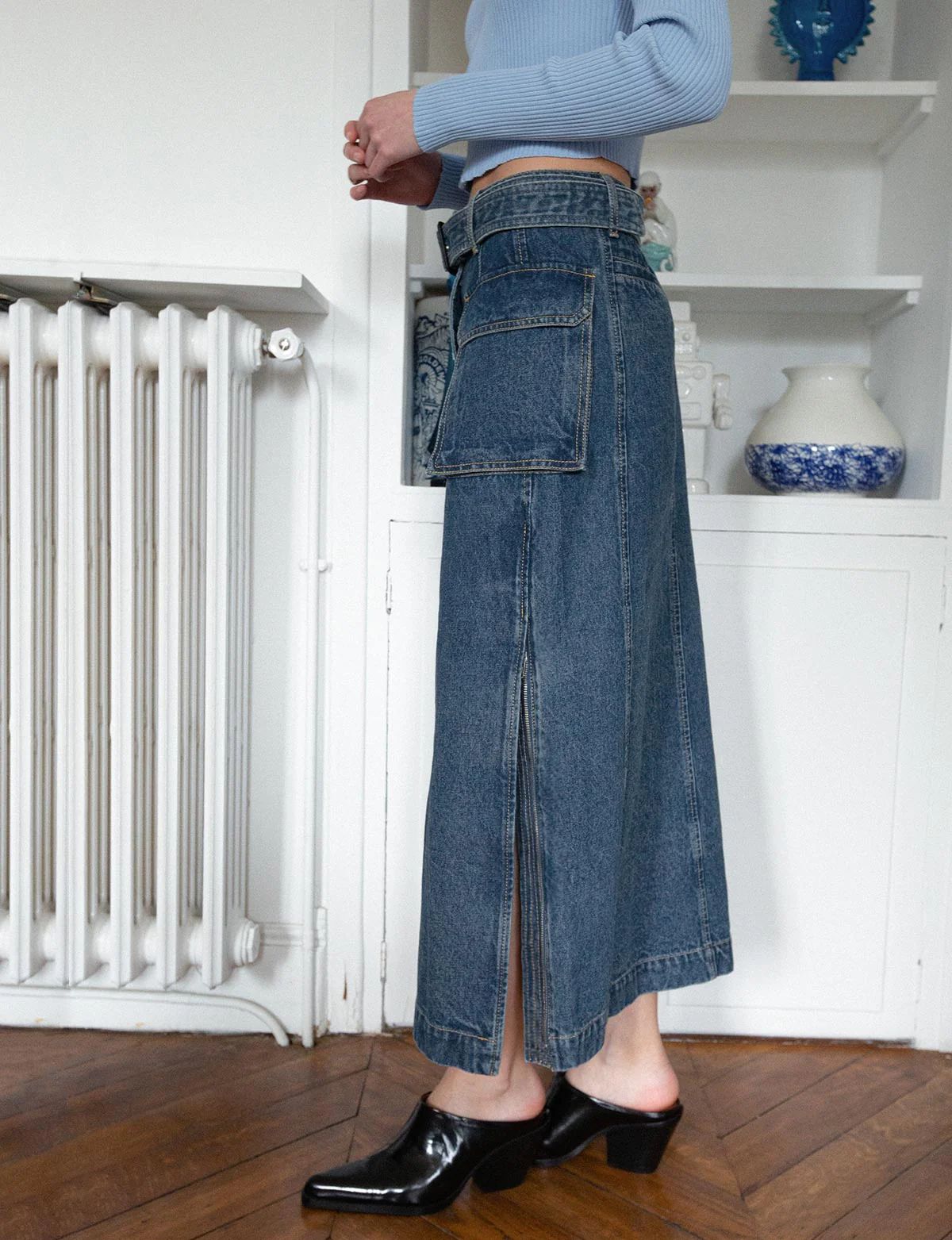 Rochelle Long belted Cargo Denim Skirt -PREORDER | Pixie Market