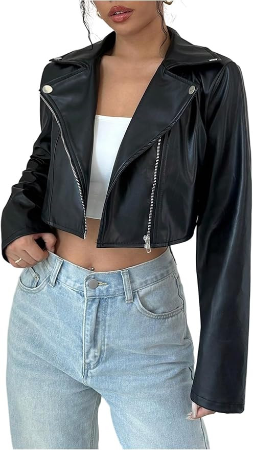 Floerns Women's Y2k PU Leather Jacket Motorcycle Long Sleeve Rave Cropped Outerwear Coat | Amazon (US)