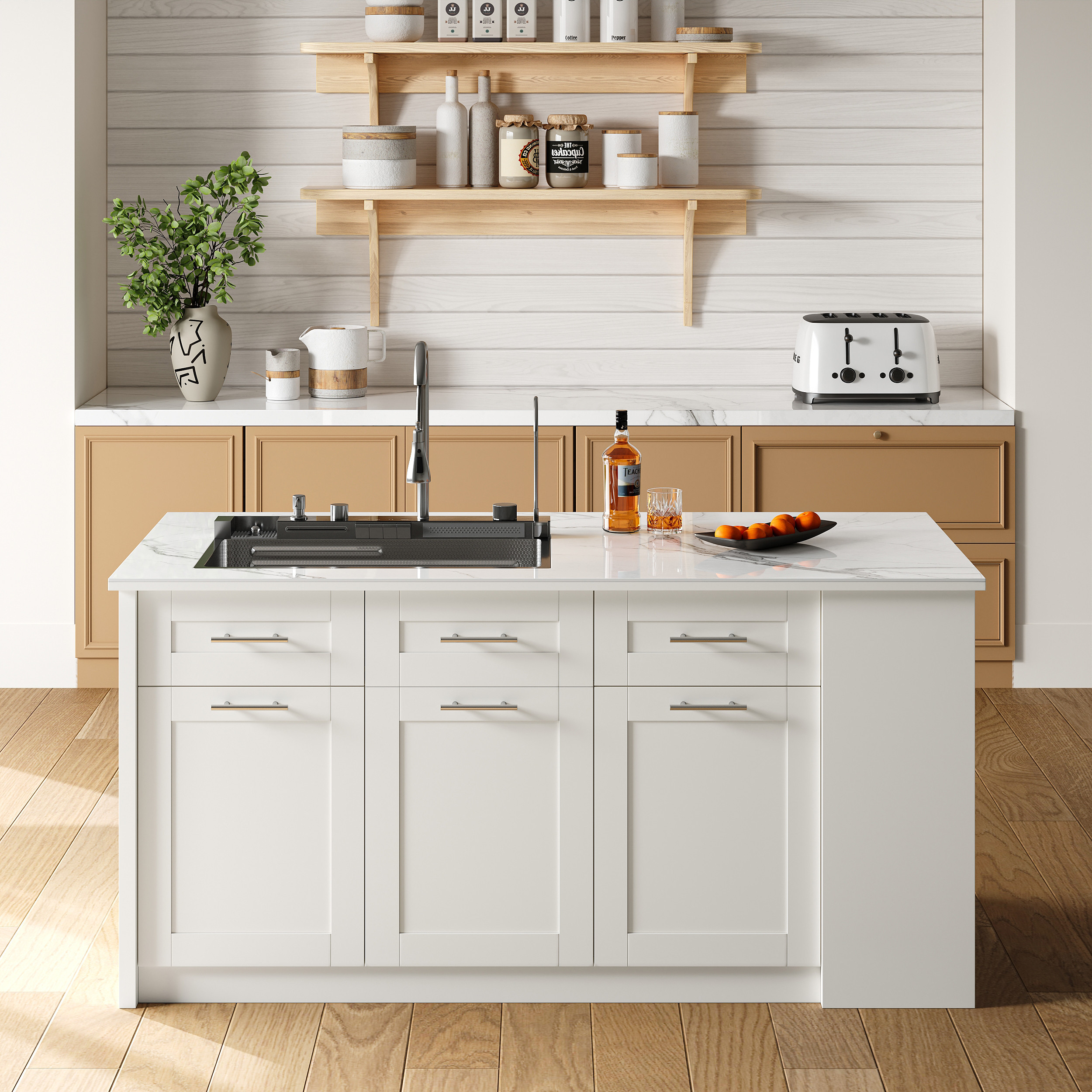 70.9"" Kitchen Islands Faux Marble Top with Workstation Sink & Storage White Modern Kitchen Cabinet | Homary
