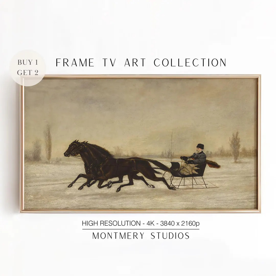 Vintage Winter Landscape Frame TV Art, Man Driving a Carriage in a Snowy Landscape, Christmas Dec... | Etsy (US)