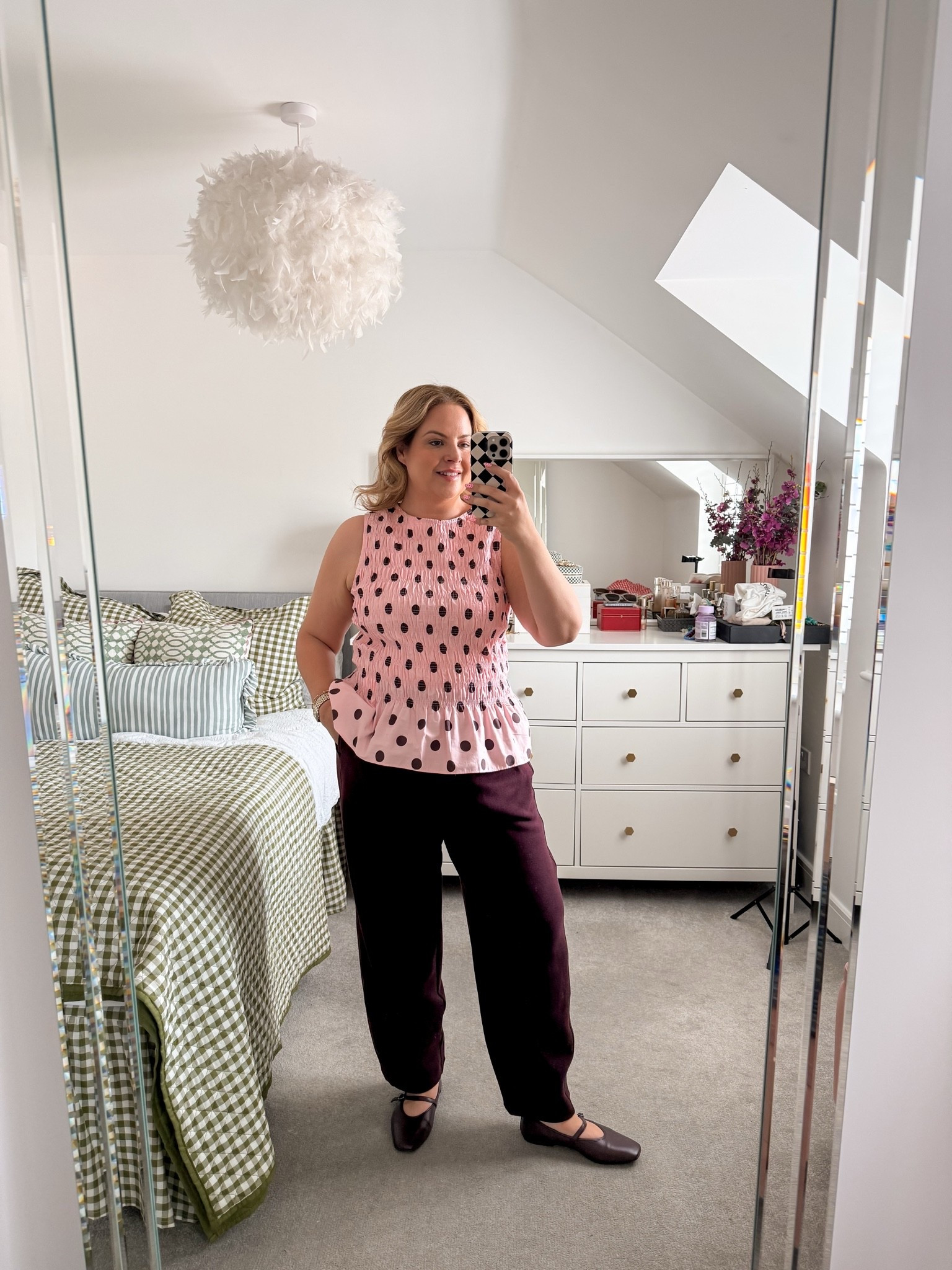 Still very much in my polka dot era, burgundy and pink outfit, wearing a size 18 in the top and L in the trousers

#LTKuk #LTKmidsize #LTKautumn