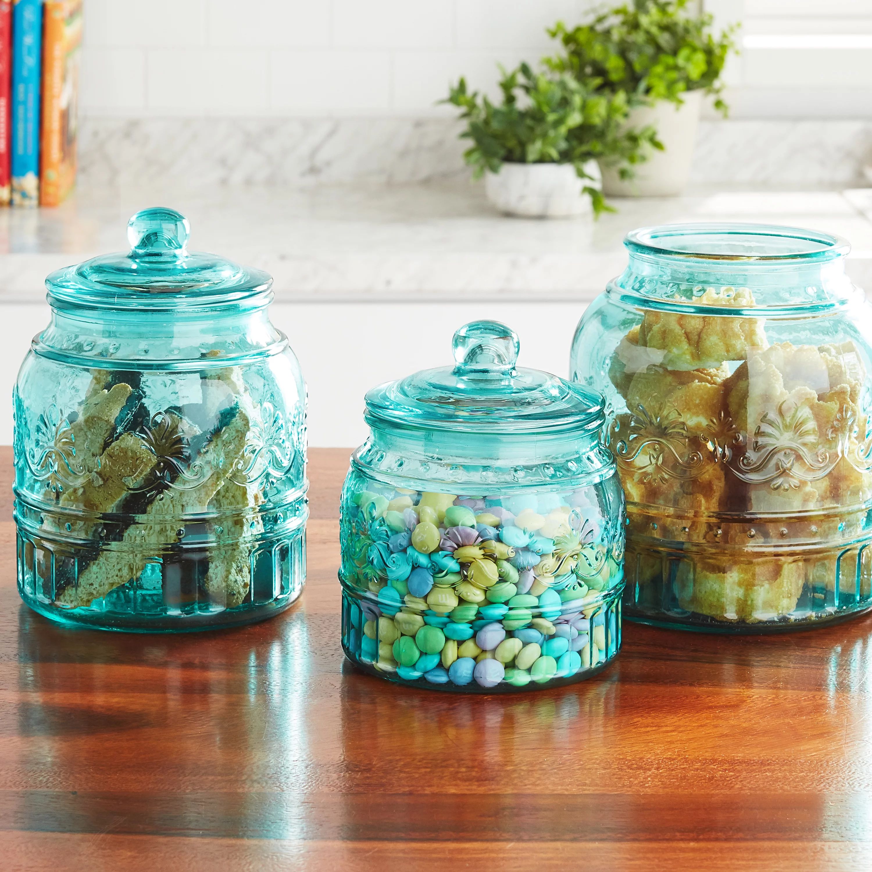 The Pioneer Woman Cassie Glass Canister 3 Pc Set, Teal | Walmart (US)