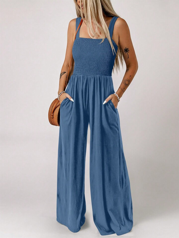 Acelitt Summer Casual Loose Wide-Leg Jumpsuit With Diagonal Pockets | SHEIN