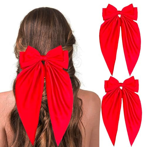 Red Bow for Hair 2Pcs Silky Satin Hair Bows Ribbon Bows for Hair Clip Long Hair Bow for Women Girls | Amazon (US)