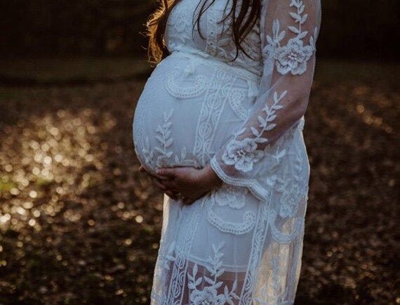 Boho Lace Maternity Photo Dress, Romantic Wedding Gown Floral Bell Sleeves - White Maxi Dress for... | Etsy (US)