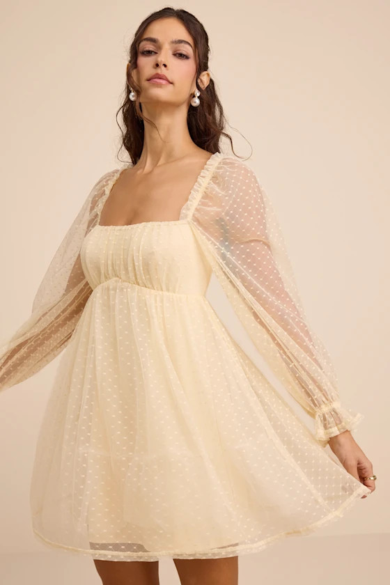 Dreamy Sweetness Beige Swiss Dot Ruffled Mini Babydoll Dress | Lulus