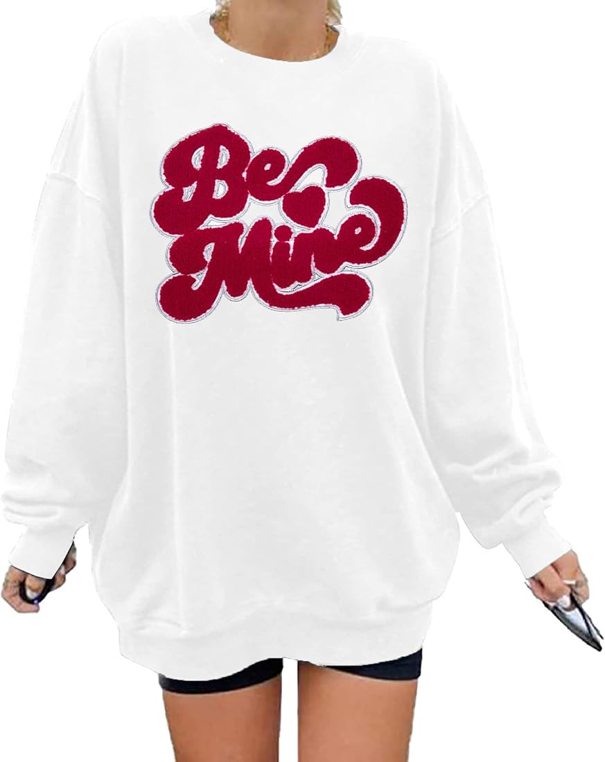 Valentines Sweatshirts for Women Be Mine Glitter Patch Valentines Day Shirts Oversized Love Heart... | Amazon (US)