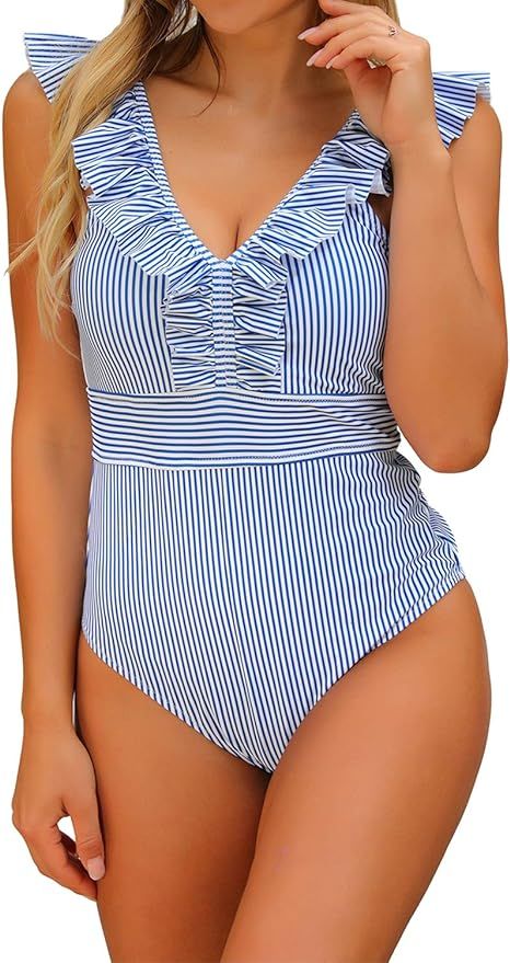 Blooming Jelly Women's Striped Ruffle One Piece Swimsuit V Neck High Rise Bathing Suit Swimswear | Amazon (US)