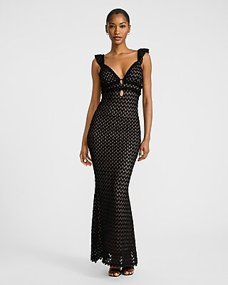 Crochet V-Neck Sleeveless Cut Out Ruffled Maxi Dress | Express