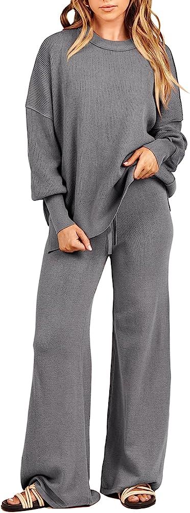 ANRABESS Women 2 Piece Outfits Sweatsuit Oversized Sweater Set & Wide Leg Pants Fall Chunky Loung... | Amazon (US)