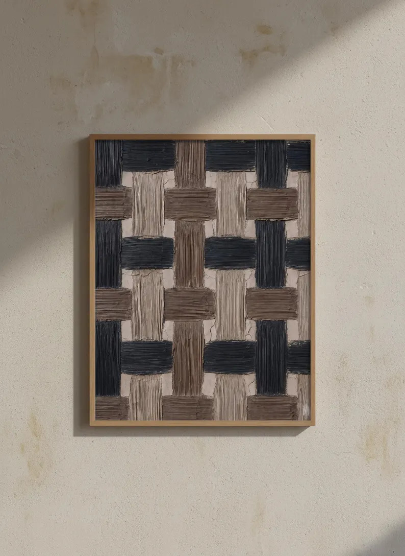 Abstract Woven Wall Art, Black and Brown Grid Print, Industrial Impasto Texture, Masculine Office... | Etsy (US)
