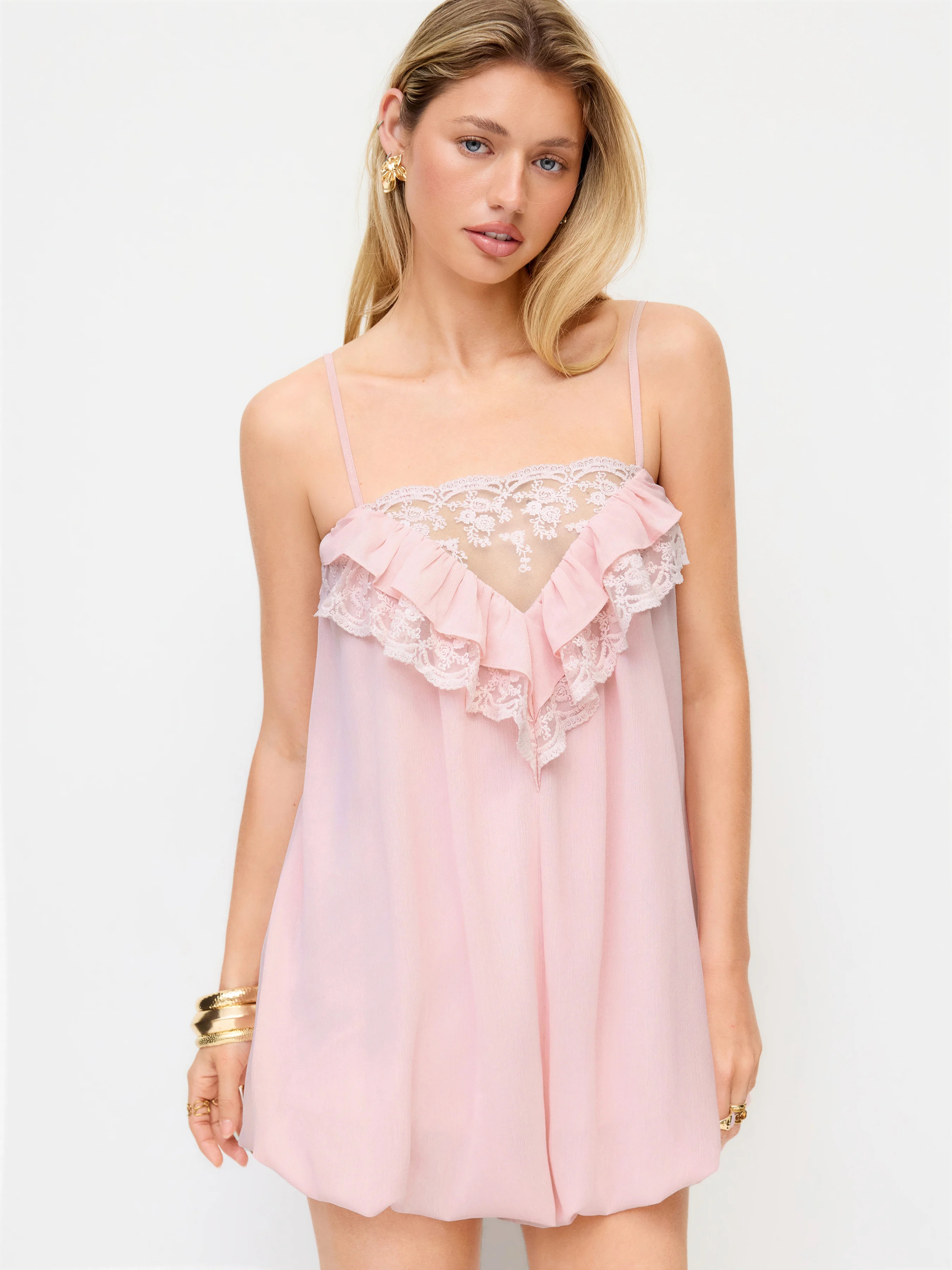 Square Neck Lace Panel Ruffled Mid Rise Bubble Hem Romper | Cider