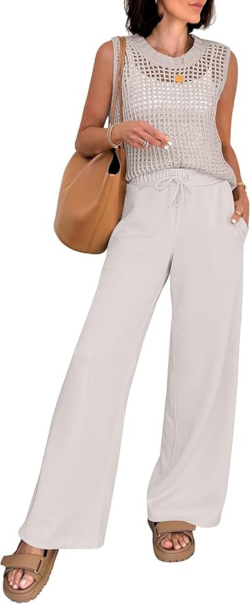 ANRABESS Women 2 Piece Summer Outfits 2026 Crochet Sweater Vest Wide Leg Pants Lounge Matching Se... | Amazon (US)