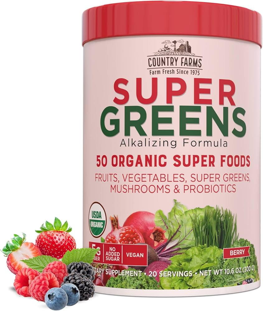 Country Farms Organic Super Greens Berry Flavor, 50 Organic Super Foods, Packed with Fiber, USDA ... | Amazon (US)