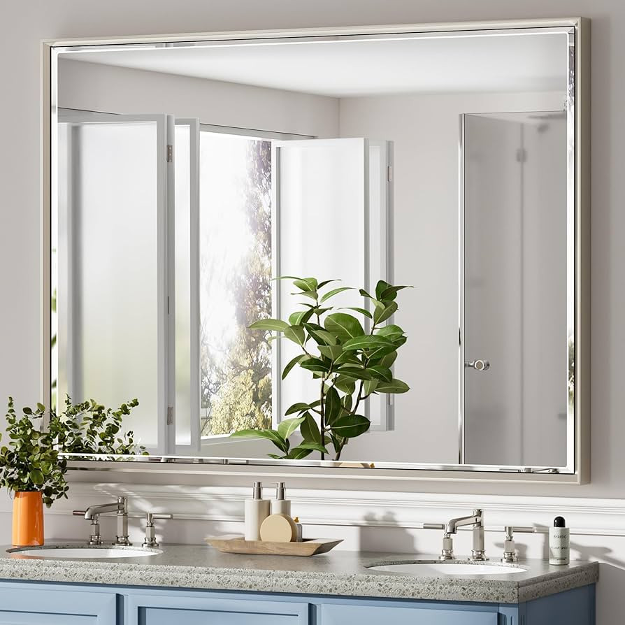 48 x 36 Brushed Nickel Bathroom Mirror, Beveled Framed Bathroom Mirror Brushed Nickel, Shatterpro... | Amazon (US)