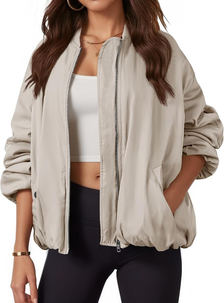 Tankaneo Womens Zip Up Bomber Jacket Oversized Fashion Casual Fully Lined Winter Coats With Pocke... | Amazon (US)