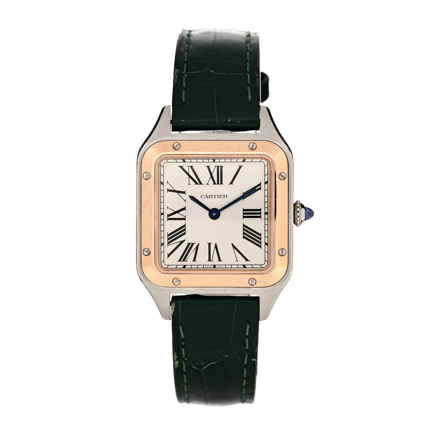 Stainless Steel 18K Pink Gold Alligator 27.5mm Santos Dumont Quartz Watch Green | FASHIONPHILE (US)