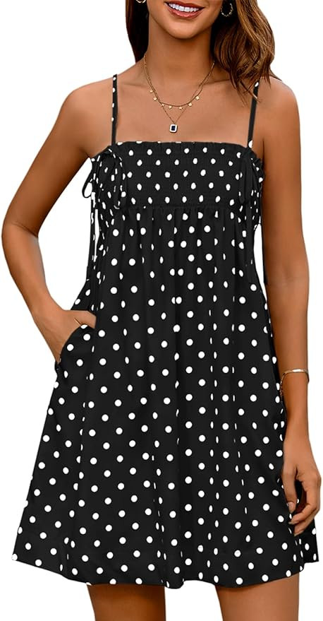 Yousify Women's Spaghetti Strap Babydoll Mini Dress Summer Casual Ruffled Smocked Polka Dot Short... | Amazon (US)