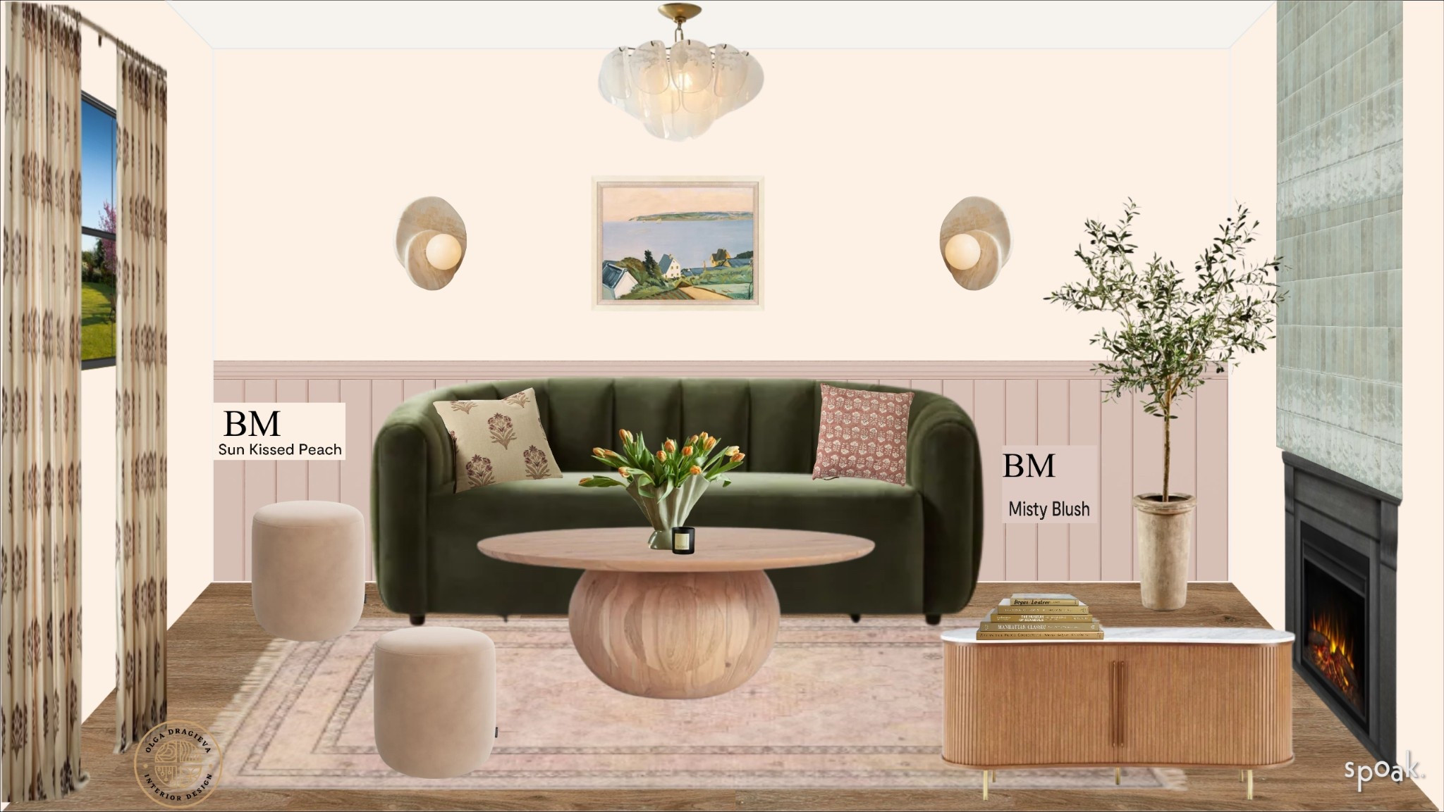 Spring living room design,gorgeous velvet sofa, organic coffee table, sconces from CB2, beautiful chandelier, vintage rug, patterned curtain. #homedecor 

#LTKSeasonal #LTKFamily #LTKHome