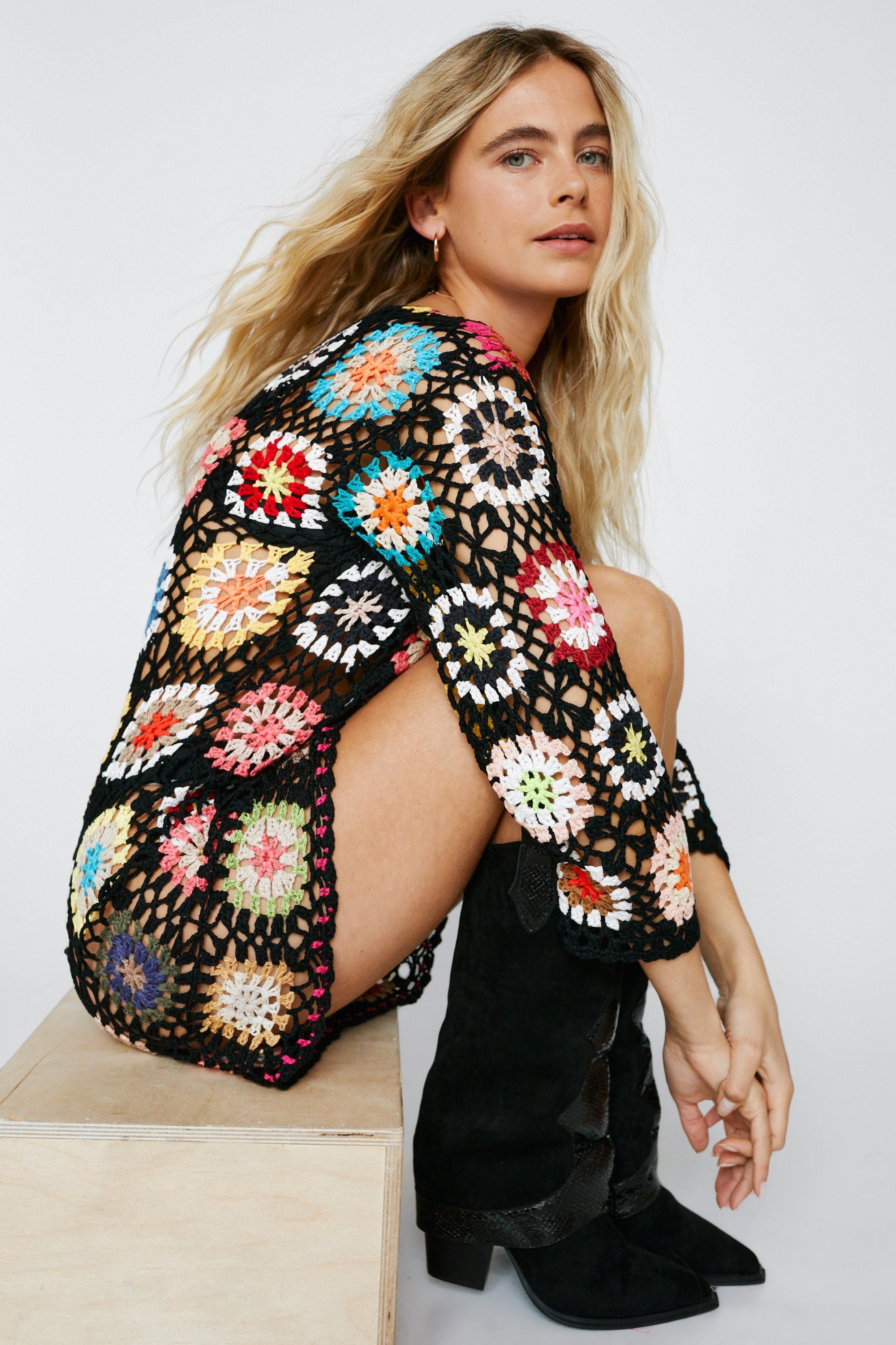 Multicolored Crochet Long Sleeve Mini Dress | Nasty Gal (US)