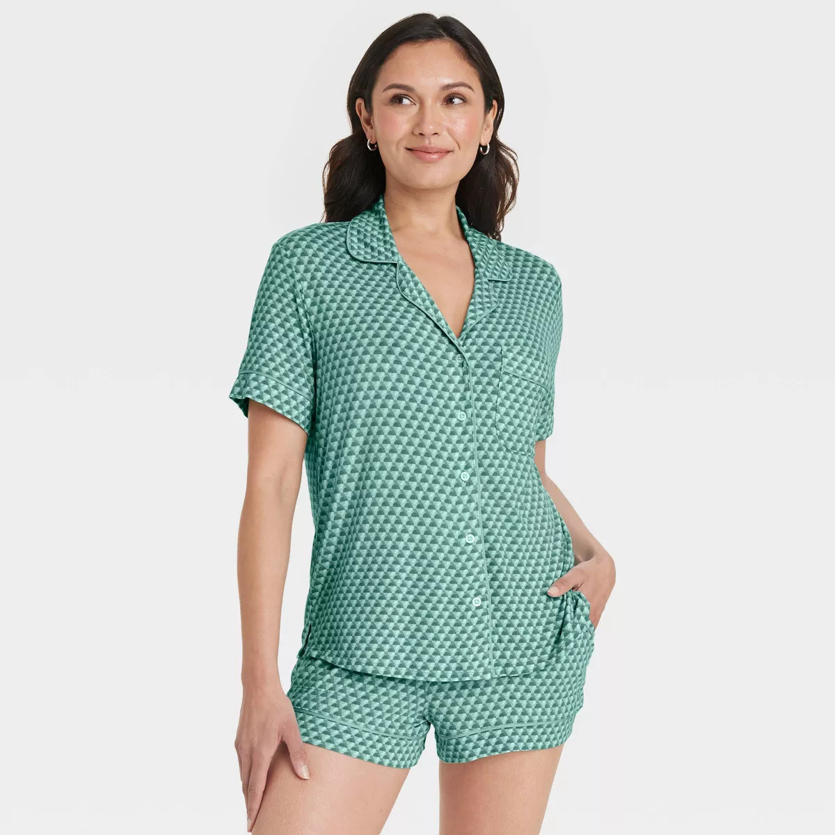 Women's Cloud Knit Short Sleeve Notch Collar Top and Shorts Pajama Set - Auden™ Green/Geometric... | Target