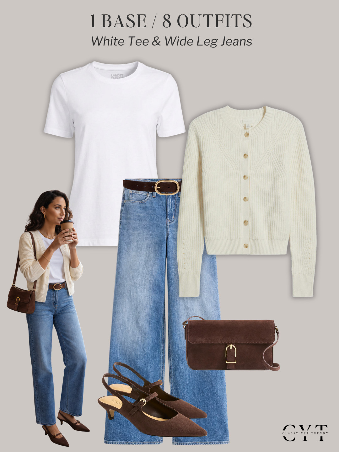 1 Base, 8 Outfits 🎉 8 ways to wear two classic and timeless wardrobe staples: a white tee and wide leg jeans ✔️ Mix and match layers, shoes and accessories to create different looks.  All clothes, shoes and accessories are in the French Minimalist Fall 2026 Capsule Wardrobe, plus a leopard pattern cardigan and a blue button-down shirt. 🍂

how to style, outfit ideas, elevated outfit, wardrobe essentials, cardigan, jacket, blazer, leopard cardigan, ballet flats, trench coat, sweater, pumps, loafers

#trenchcoat #blazerstyle #balletflats #autumnstyle #waystowear  

 
