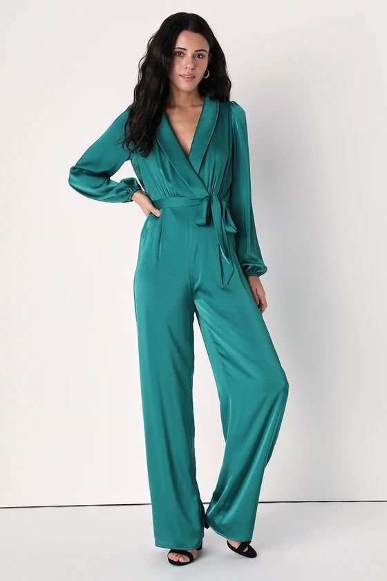 Certainly Chic Emerald Green Satin Long Sleeve Wide-Leg Jumpsuit | Lulus (US)