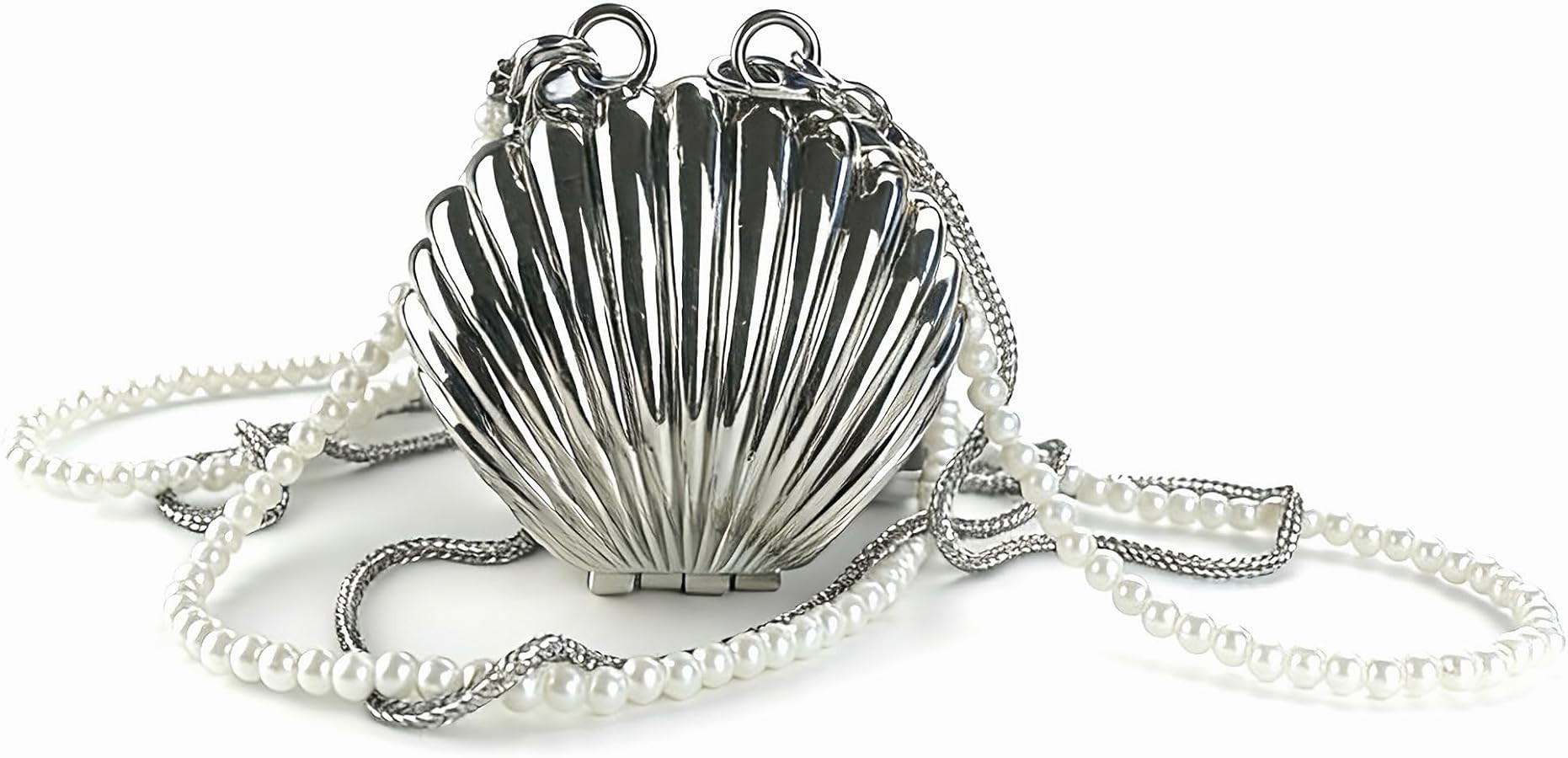 Fancy Silver Metal Seashell Mini Bag for Women - Mini Crossbody Bag with Pearl & Chain Double Det... | Amazon (US)