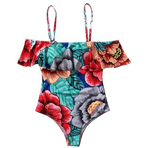 Reteron Women's Flounce Ruffled Off Shoulder One Piece Bathing Suit (Floral, M) | Amazon (US)