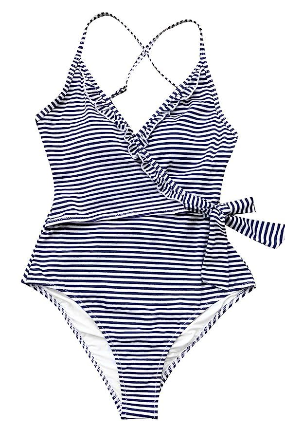 CUPSHE Women's Navy White V Neck Striped One Piece Swimsuit | Amazon (US)