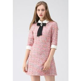 Knock on Your Heart Diamond Bowknot Tweed Dress | Chicwish