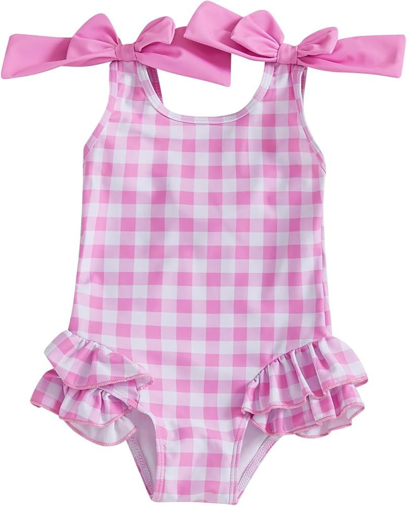 Toddler Girls Gingham Rash Guard Swimwear Bow Strap Sleeveless Ruffle Bathing Suit Infant Baby On... | Amazon (US)
