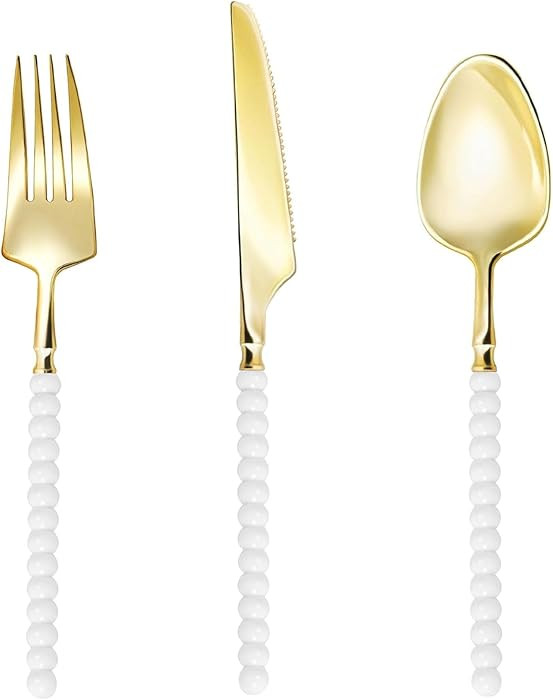 120 Pcs Gold Plastic Silverware,Gold Plastic Utensils with White Beads Handle,Fancy Disposable Cu... | Amazon (US)