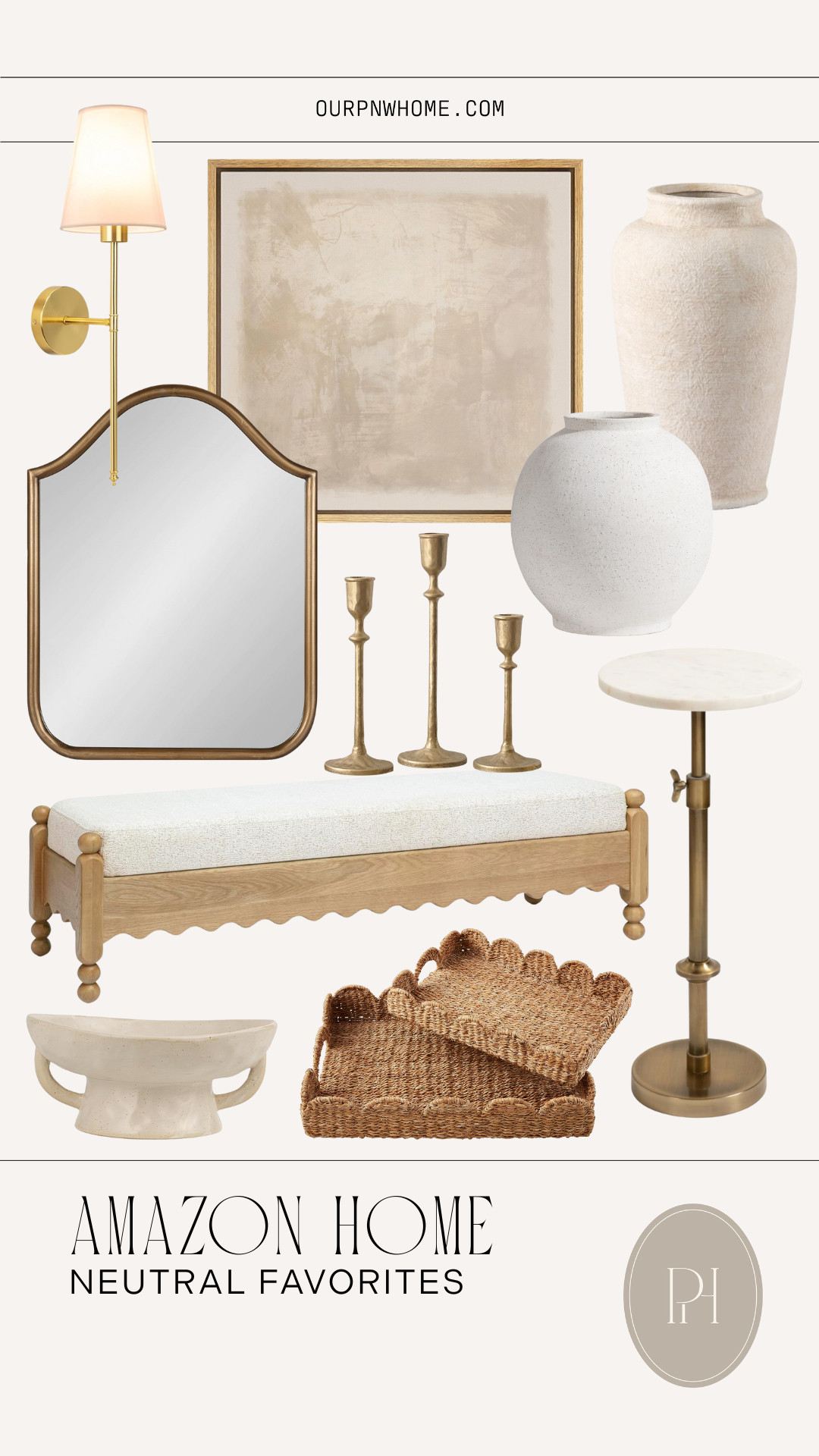 Neutral home favorites from Amazon!

home decor, home accents, wall mirror, brass mirror, gold mirror, neutral wall art, wall sconces, home lighting, lighting fixture, abstract wall art, artwork, neutral vase, white vase, tan vase, white bowl, scalloped tray, neutral furniture, upholstered bench, living room furniture, bedroom furniture, end table, side table, accent table, brass candlesticks, gold candle holders, round vase 

 #LTKSeasonal #LTKHome